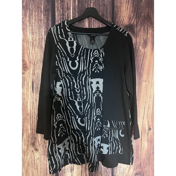 ALI MILES Black Artsy Abstract 3/4 Sleeve 3 Button Art To Wear Top SIZE XL - Picture 2 of 9
